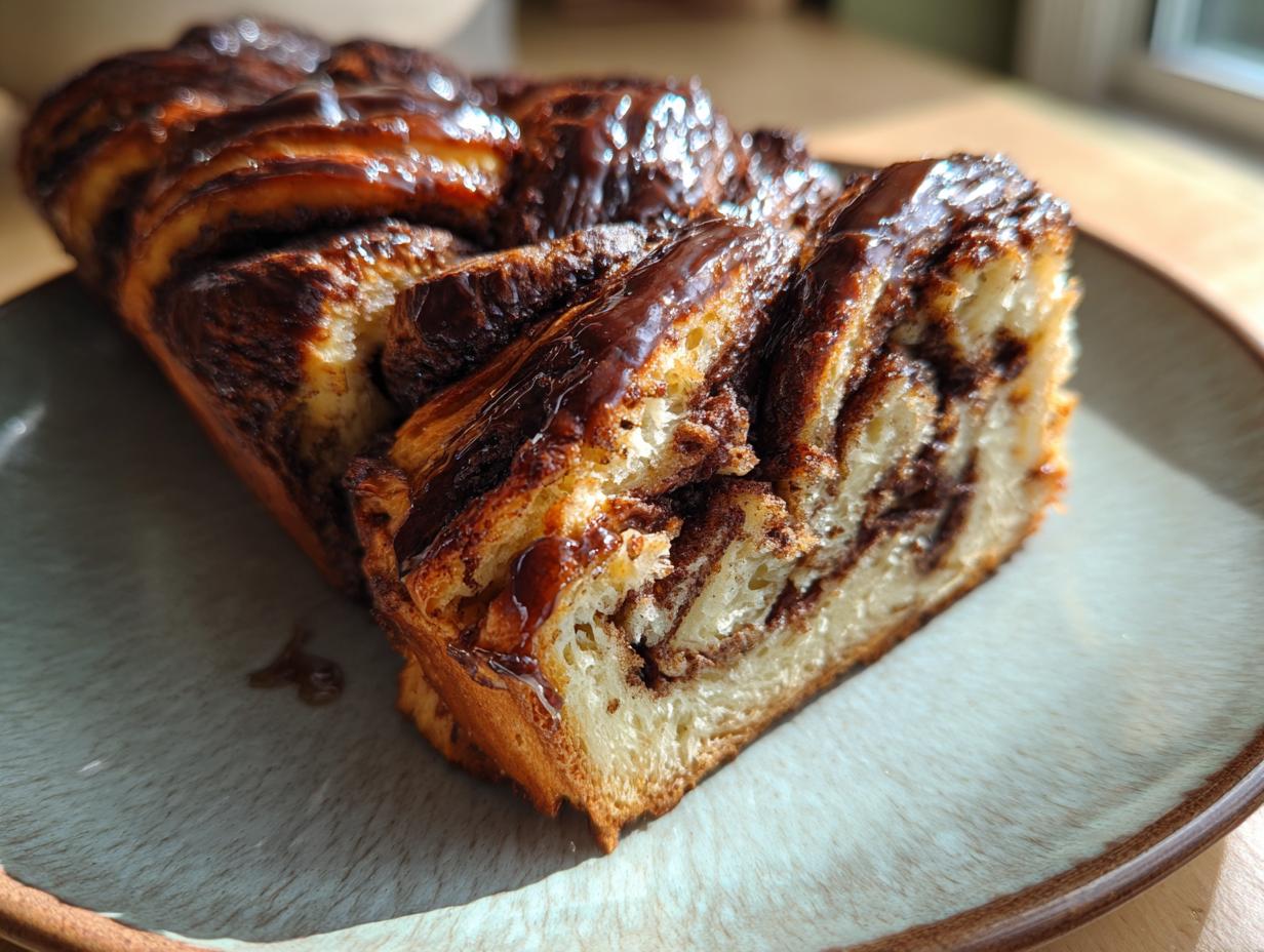 A close-up view of a freshly baked chocolate babka loaf, showing its swirled layers and shiny chocolate glaze.
