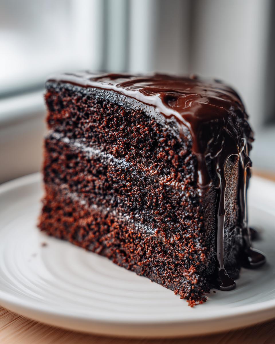 Close-up of a moist slice of dark chocolate cake recipe topped with dripping chocolate ganache.