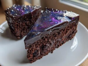 A slice of rich chocolate capricorn cake topped with a glossy, dark galaxy mirror glaze and silver sprinkles.