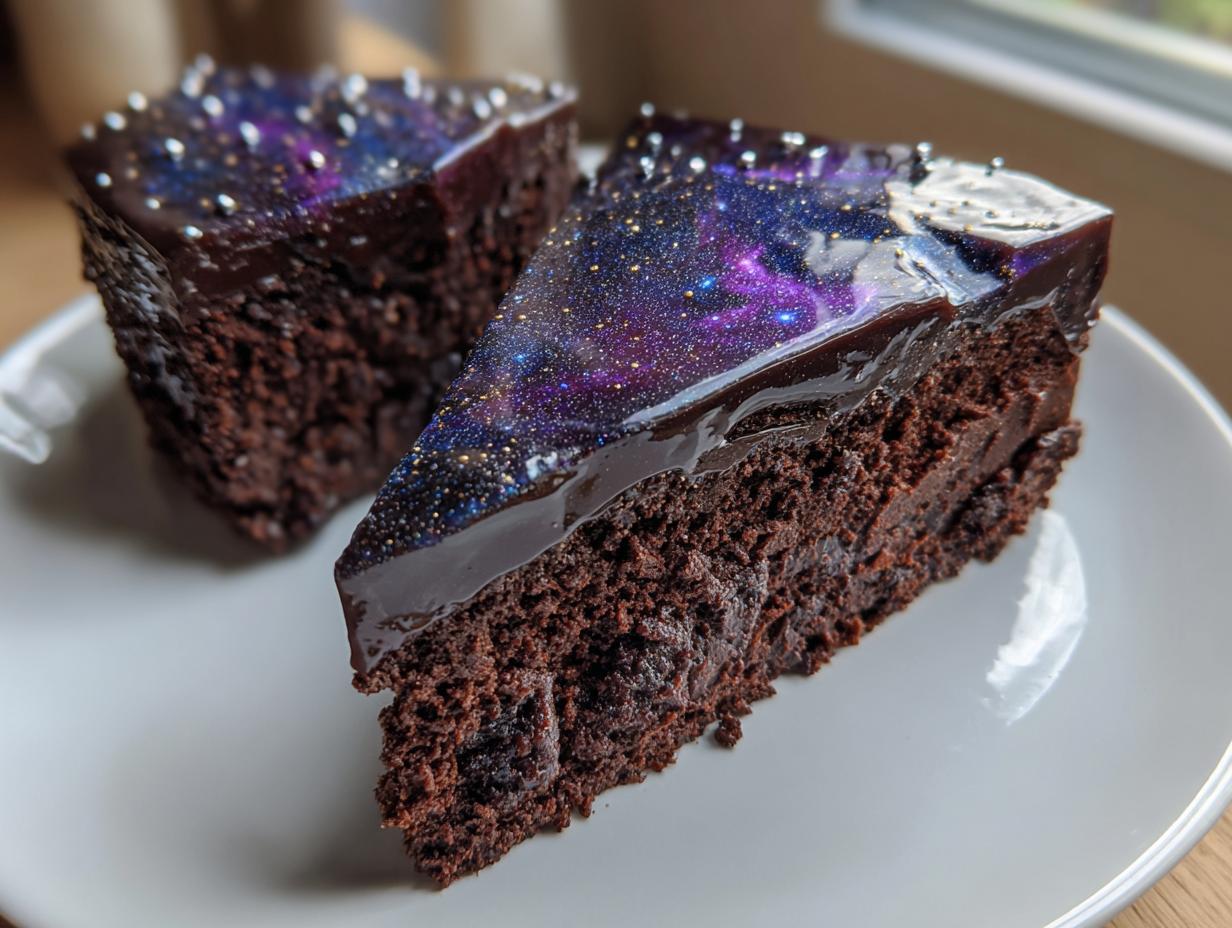 A slice of rich chocolate capricorn cake topped with a glossy, dark galaxy mirror glaze and silver sprinkles.