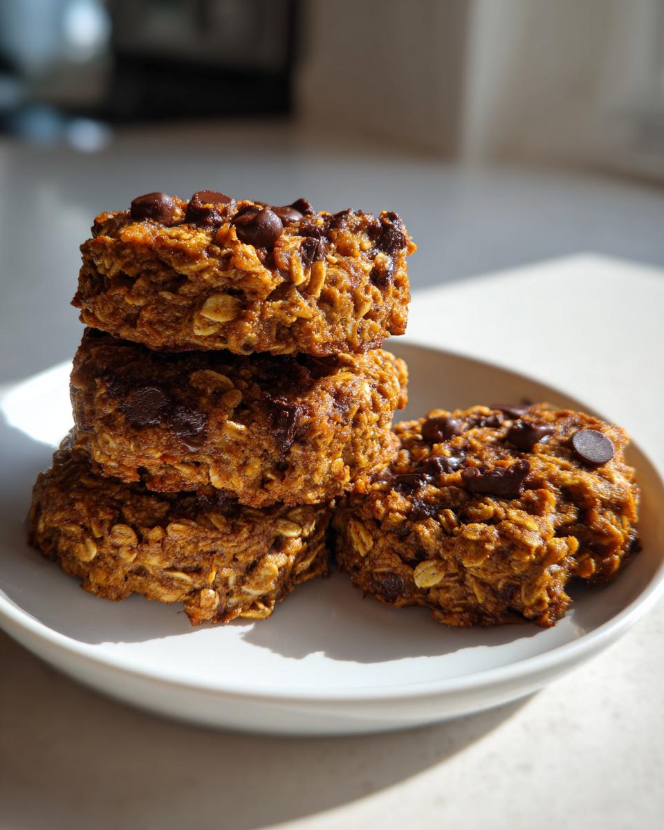 A stack of four moist, oatmeal-based breakfast cookie treats topped with melted chocolate chips on a white plate.