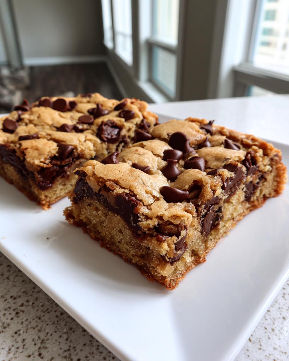 Two rich, thick slices of chocolate chip cake mix cookie bars on a white plate.