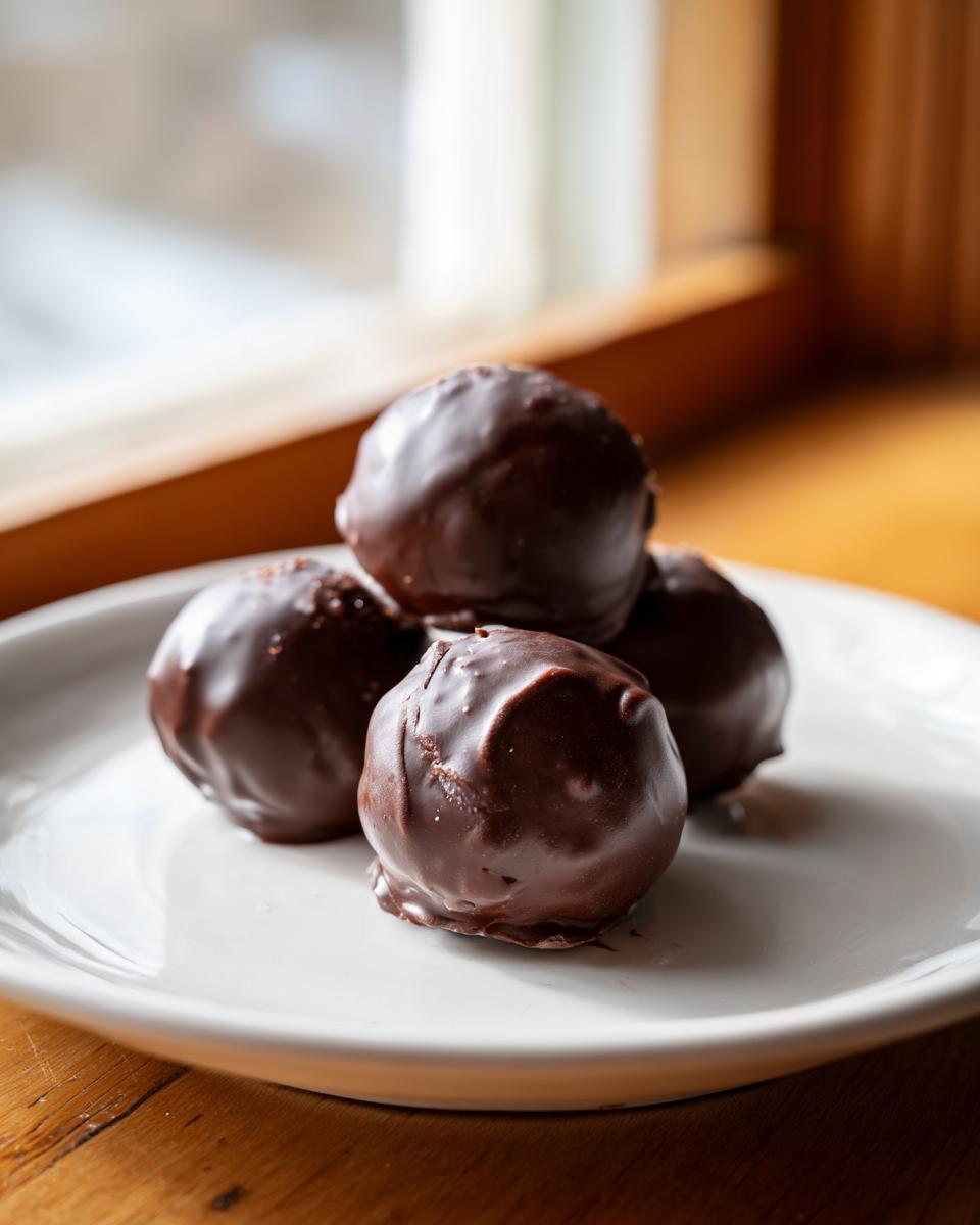 Four rich, chocolate-covered Oreo balls stacked slightly on a white plate near a bright window.