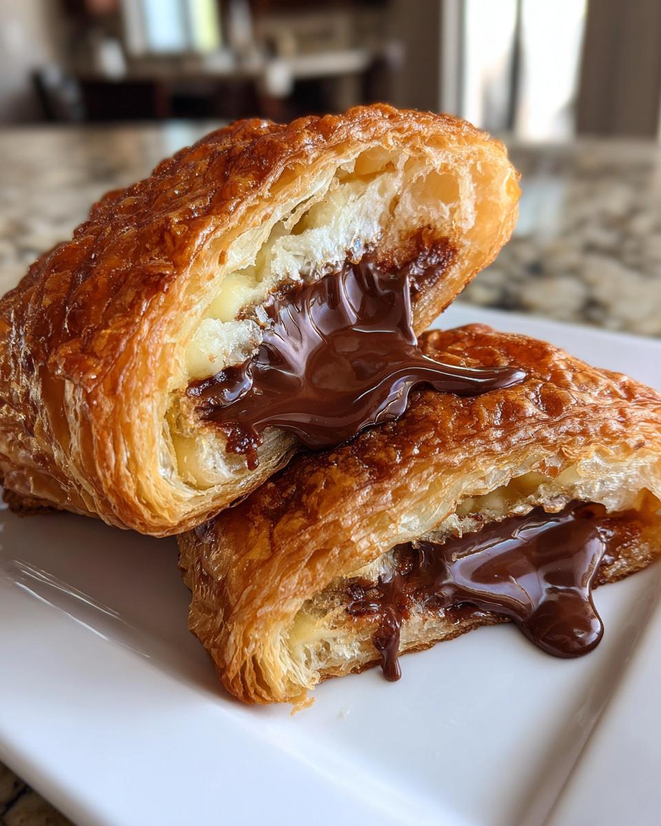 Close-up of a chocolate croissant cut in half revealing melted chocolate oozing out onto a white plate.