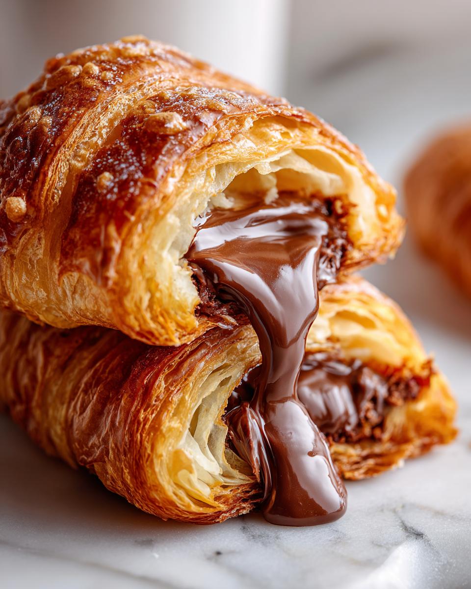 Close-up of a flaky chocolate croissant cut open, showing rich, melted chocolate filling oozing out.
