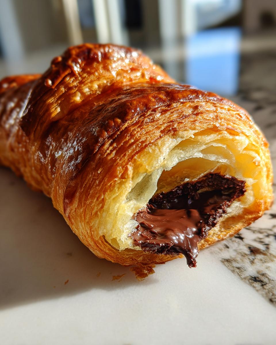 Close-up of a flaky, golden brown chocolate croissant with melted chocolate oozing out the end.