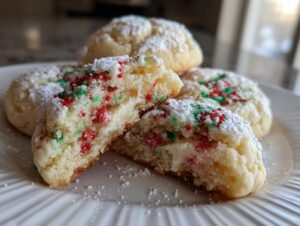 A close-up of christmas gooey butter cookies, one broken open revealing a creamy center and topped with powdered sugar and red/green sprinkles.