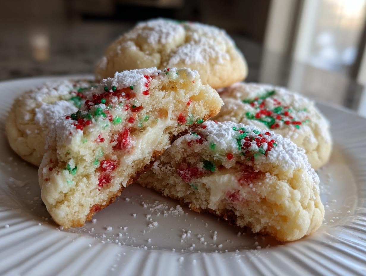 A close-up of christmas gooey butter cookies, one broken open revealing a creamy center and topped with powdered sugar and red/green sprinkles.