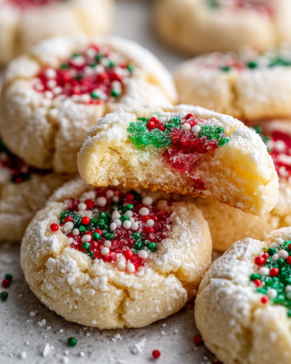 Close-up of soft christmas gooey butter cookies dusted with powdered sugar and topped with red, green, and white sprinkles.