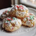 Close-up of four christmas gooey butter cookies dusted with powdered sugar and topped with red and green sprinkles.