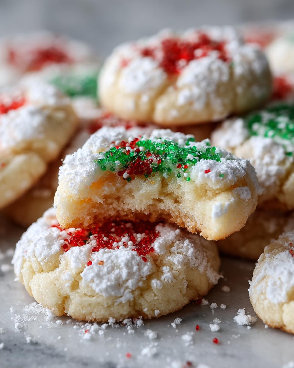 A close-up of Christmas gooey butter cookies dusted with powdered sugar and topped with red and green sprinkles; one cookie is broken open.