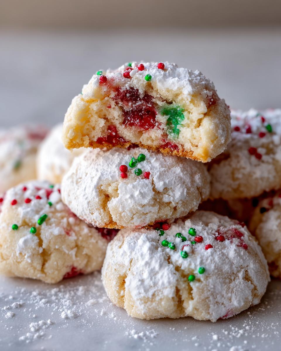 A stack of soft, powdered sugar-dusted Christmas gooey butter cookies, one broken open revealing red and green filling.