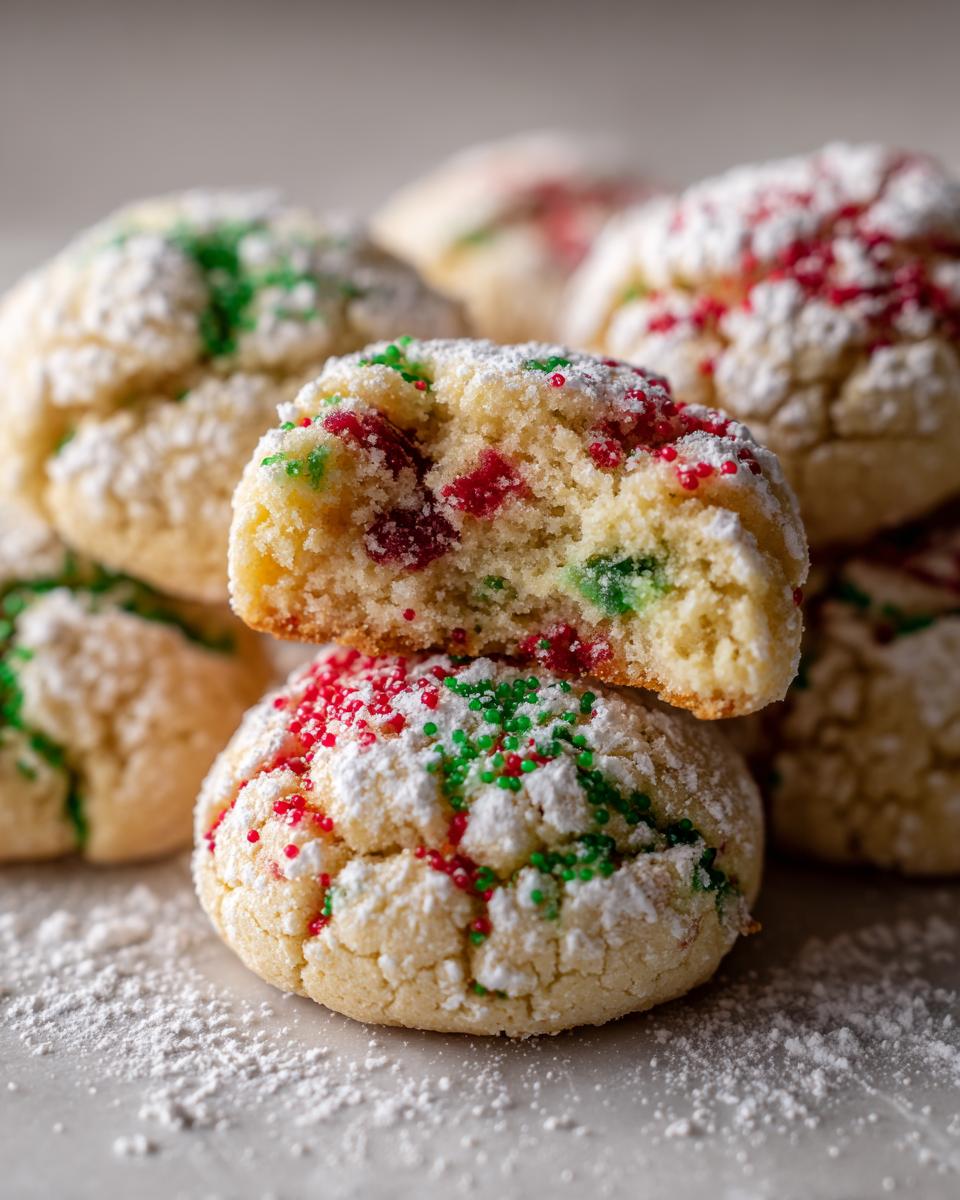 Two christmas gooey butter cookies stacked, one broken open showing the soft interior and red/green sprinkles.