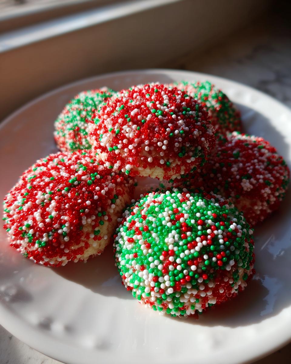 Close-up of several round christmas sprinkle cookies coated heavily in red, green, and white nonpareils on a white plate.