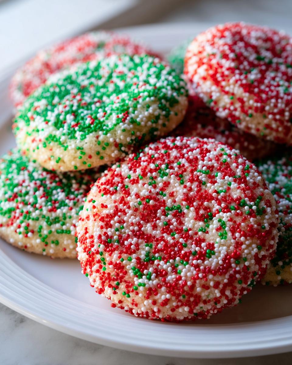 A pile of freshly baked christmas sprinkle cookies covered in red, green, and white nonpareils on a white plate.