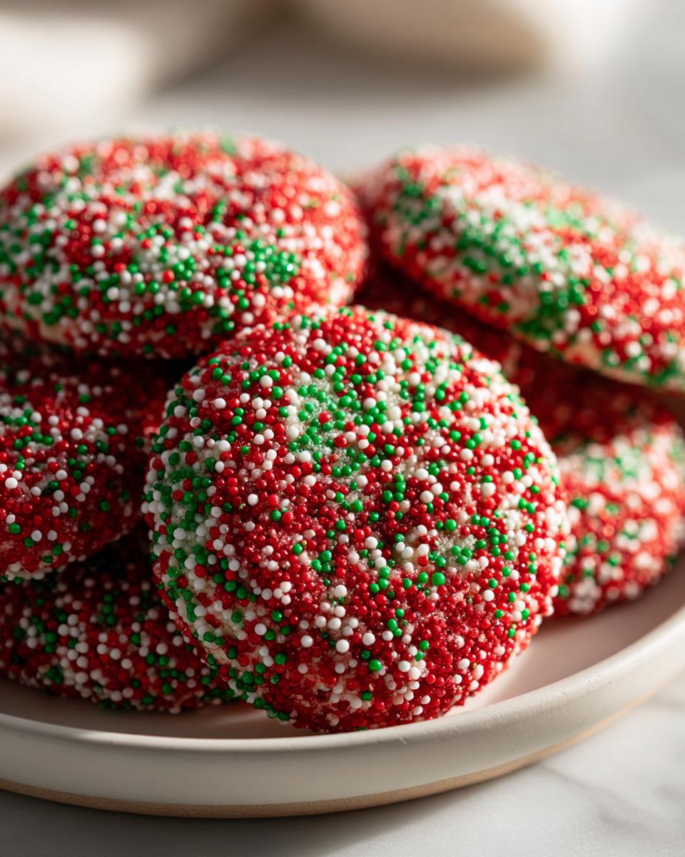 A close-up stack of festive christmas sprinkle cookies completely covered in red, green, and white nonpareils.