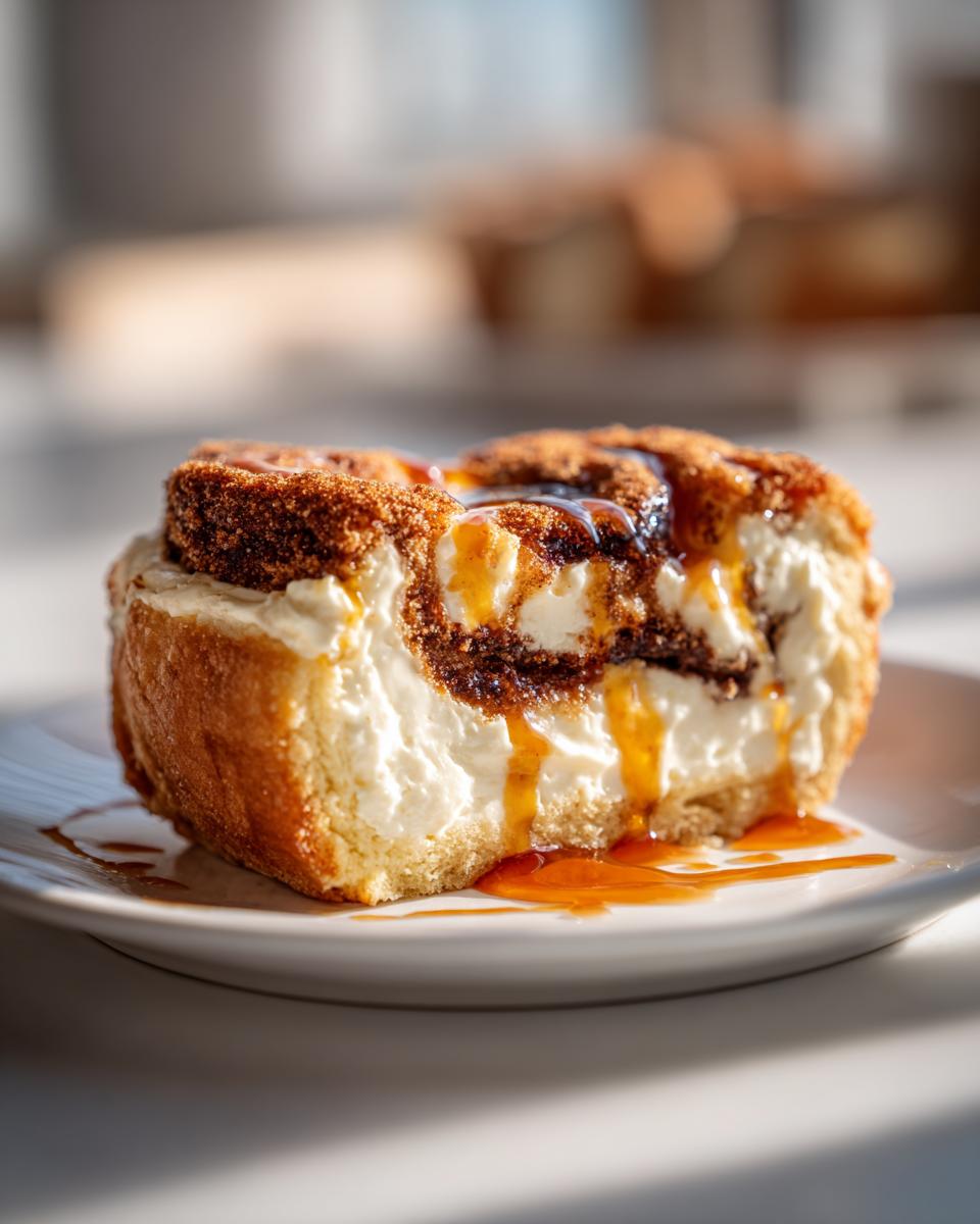 A decadent slice of churro cheesecake filled with creamy white filling and drizzled with caramel sauce.