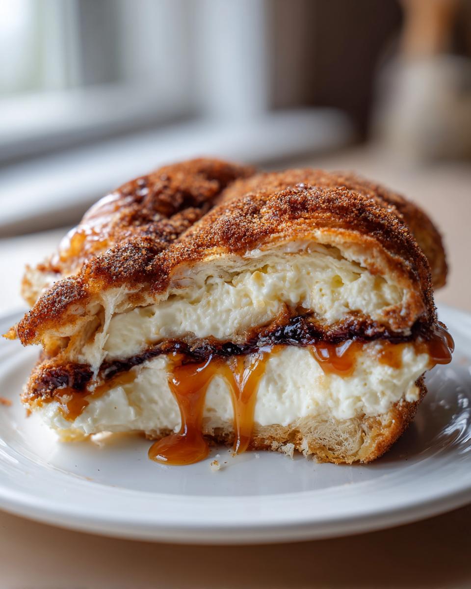 Close-up of a rich slice of churro cheesecake filled with cream cheese and drizzled with caramel sauce.