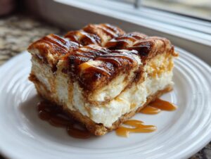 A rich, square slice of churro cheesecake with a creamy filling and cinnamon topping, drizzled with caramel sauce.