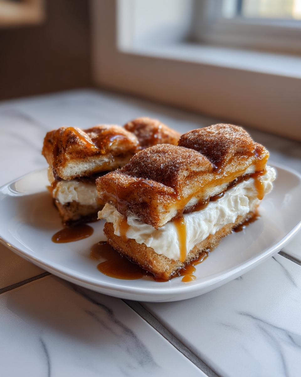 Two squares of layered churro cheesecake filled with cream cheese and drizzled with caramel sauce.