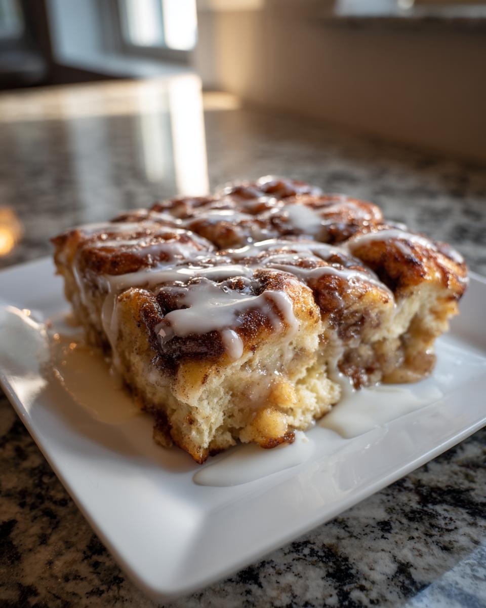 A close-up of a gooey cinnamon roll apple pie slice covered in white icing on a white square plate.