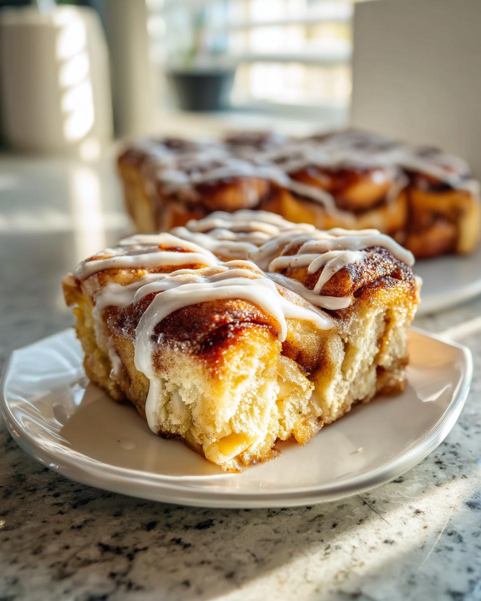 Close-up of a gooey cinnamon roll apple pie slice with white icing drizzled on top, sitting on a small white plate.