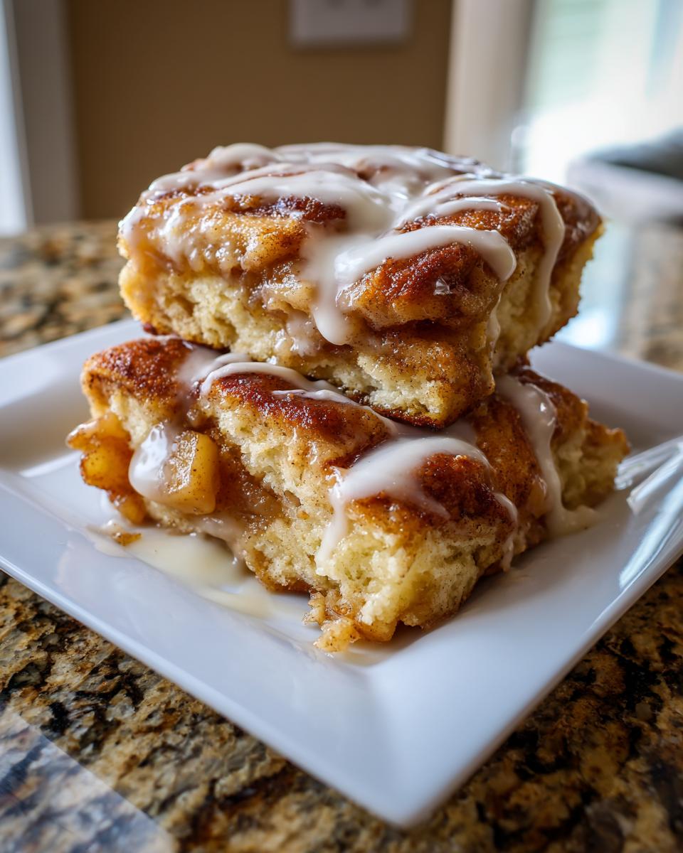 Two gooey squares of cinnamon roll apple pie stacked on a white plate, drizzled with white icing.