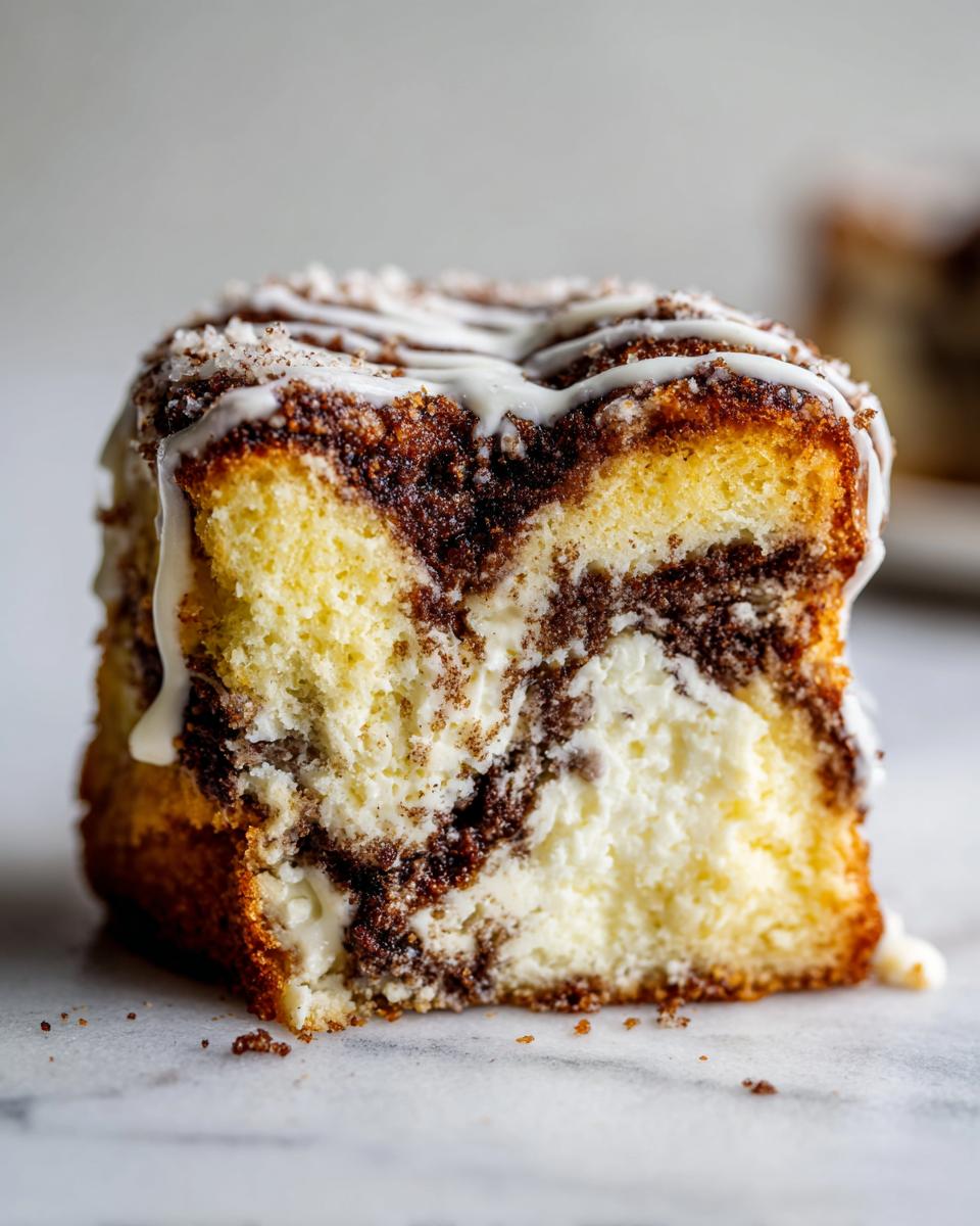 A close-up, vertical slice of cinnamon roll cheesecake showing swirled cinnamon filling, creamy cheesecake layer, and white icing drizzle.