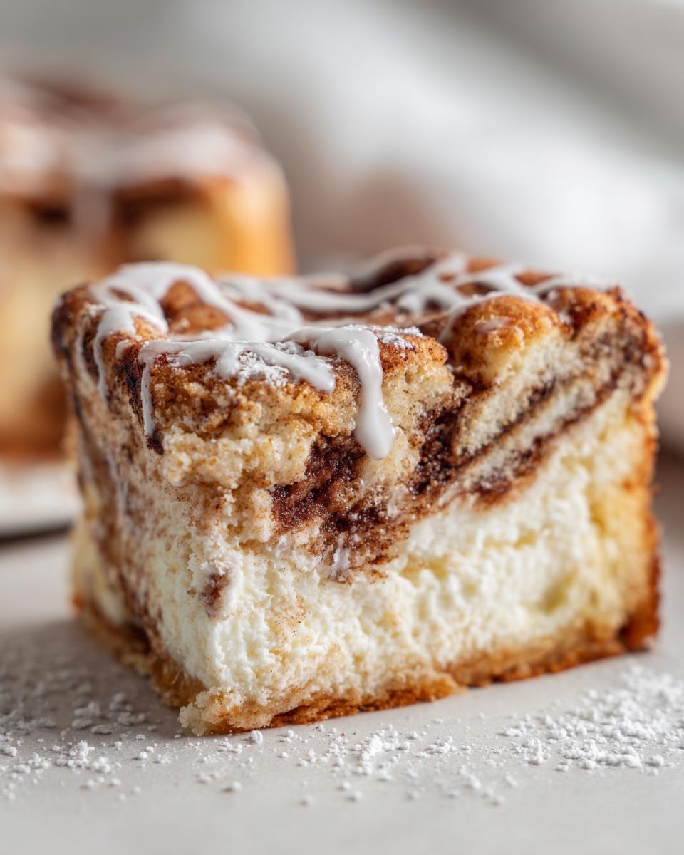 Close-up of a rich slice of cinnamon roll cheesecake featuring a creamy base, cinnamon swirl, and white icing drizzle.