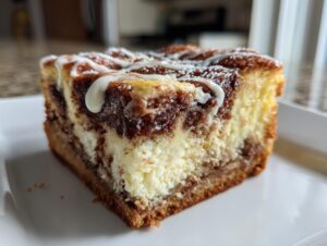 A single, square slice of rich cinnamon roll cheesecake with visible swirls and white icing drizzle.