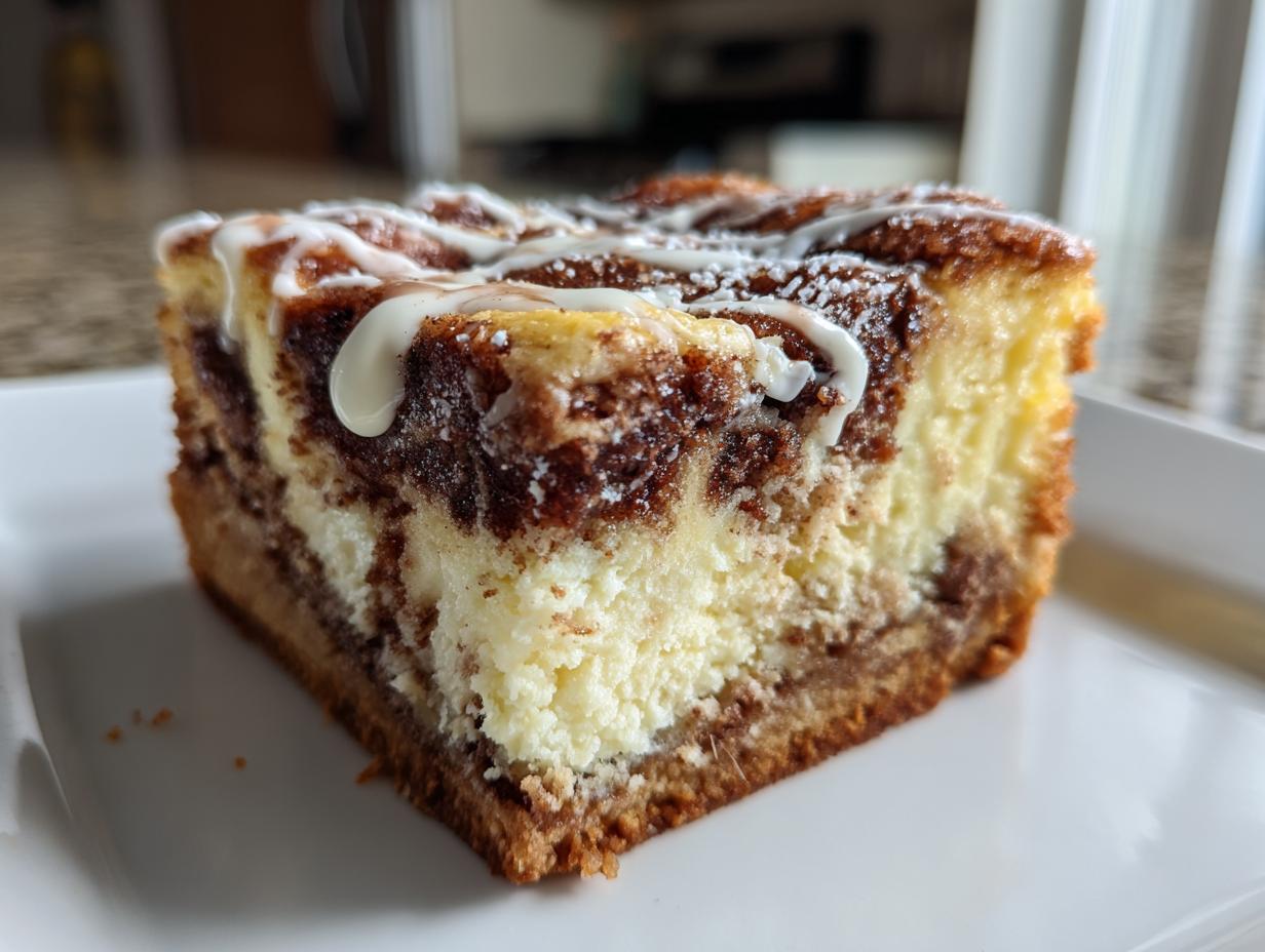 A single, square slice of rich cinnamon roll cheesecake with visible swirls and white icing drizzle.