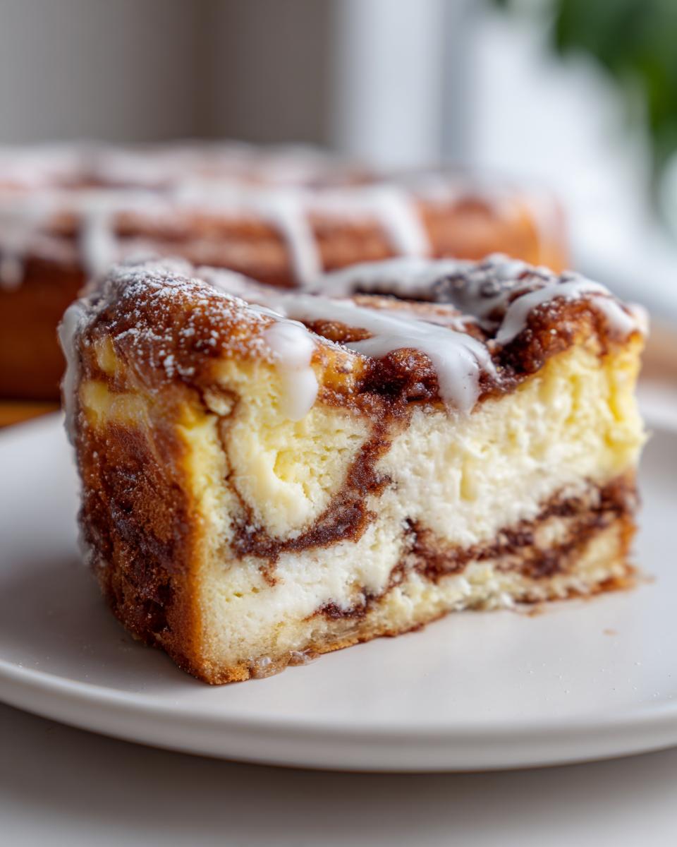 Close-up of a rich slice of cinnamon roll cheesecake with visible cinnamon swirl and white icing drizzle.