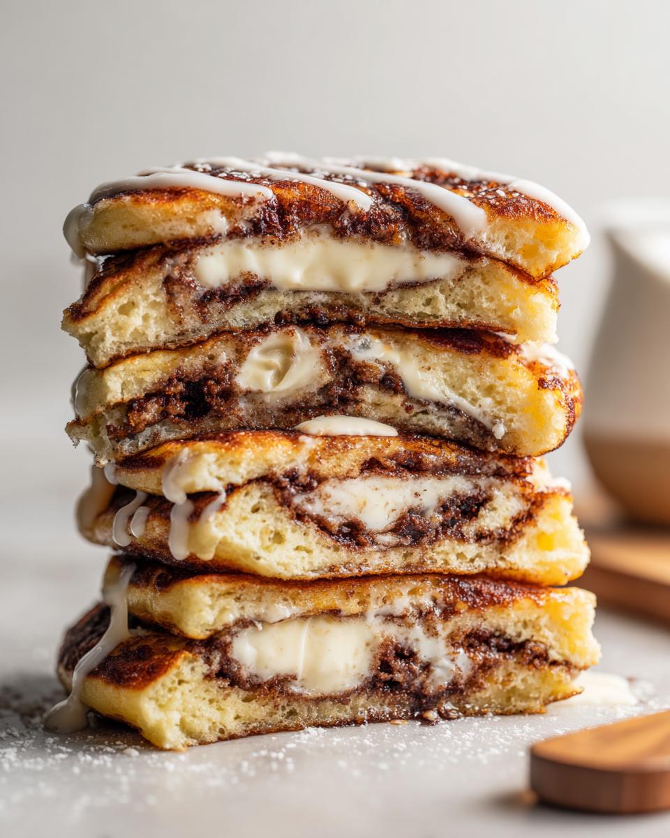 A tall stack of four cut cinnamon roll pancakes showing the gooey cream cheese filling and cinnamon swirl, drizzled with white icing.