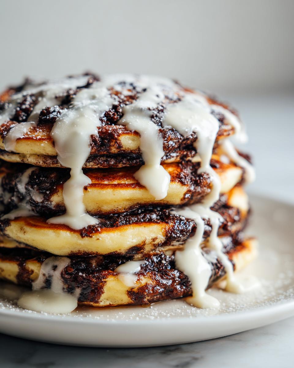 A tall stack of golden cinnamon roll pancakes layered with cinnamon filling and drizzled heavily with white cream cheese icing.