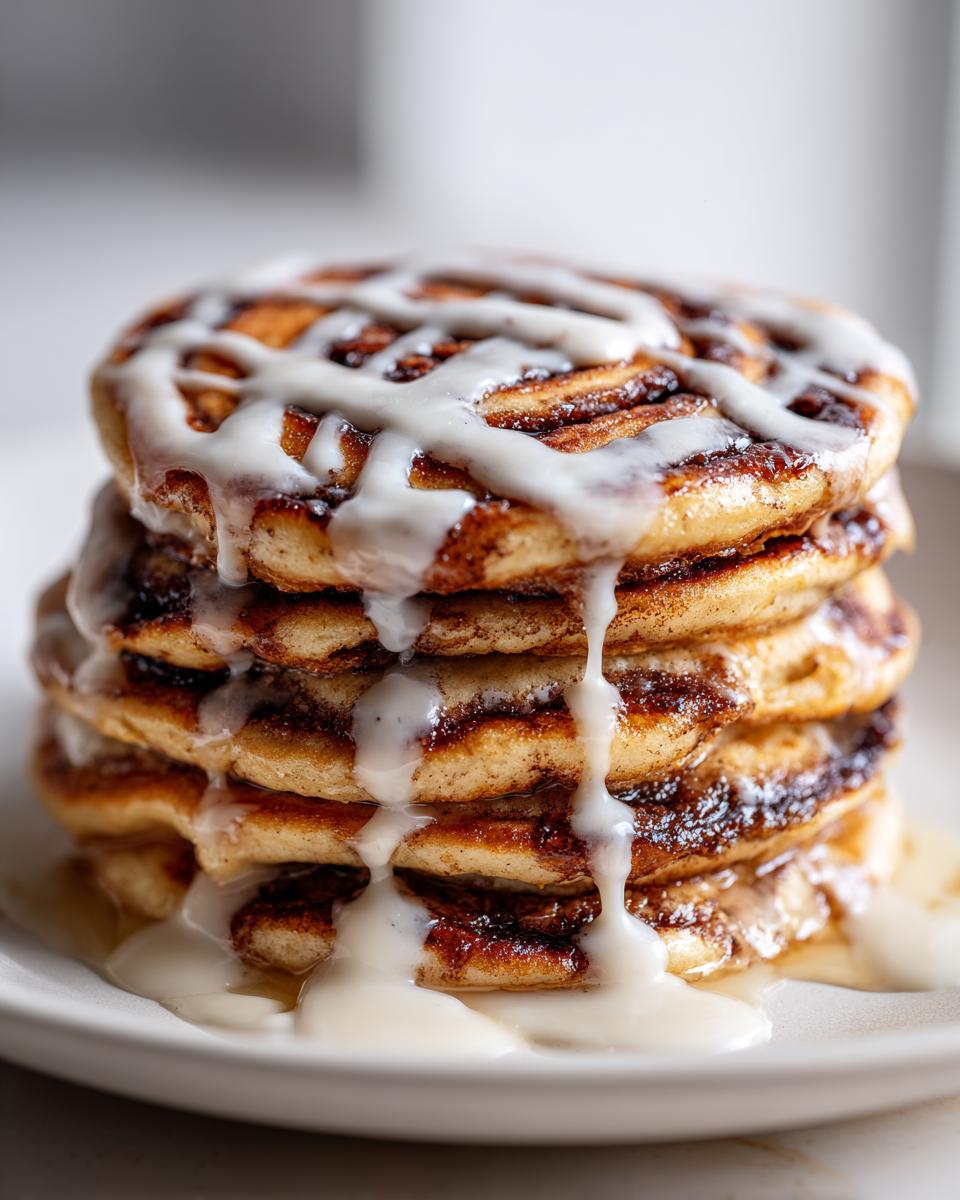 A tall stack of delicious cinnamon roll pancakes drizzled heavily with white cream cheese glaze.