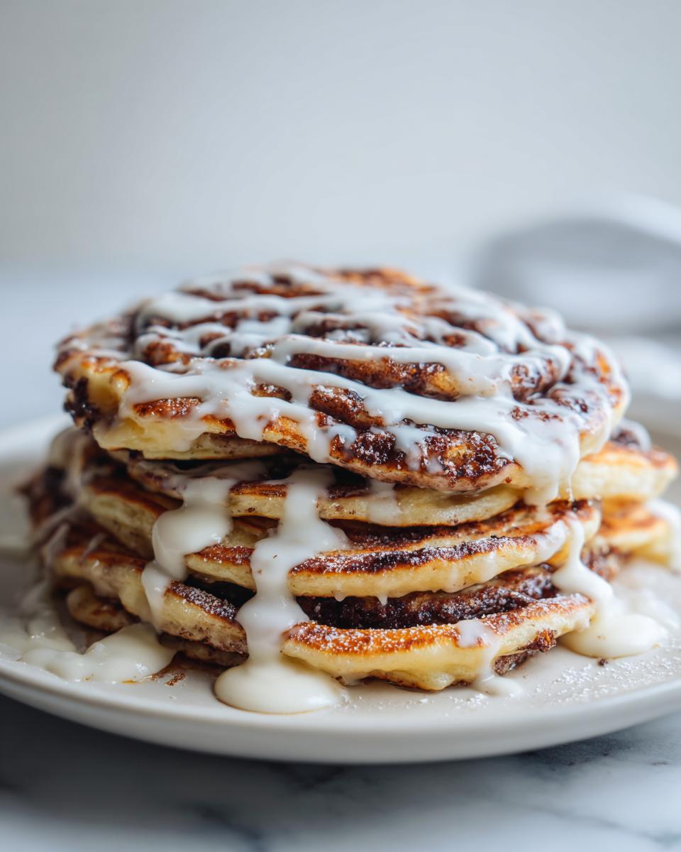 A tall stack of golden brown cinnamon roll pancakes generously drizzled with thick white icing.