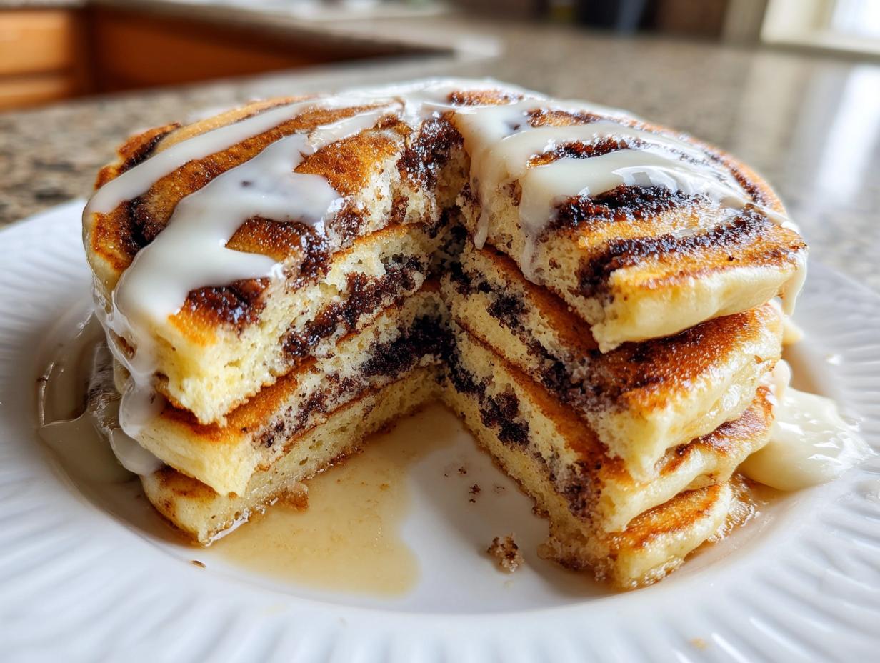 A tall stack of fluffy cinnamon roll pancakes cut open to show the swirl filling, topped with white icing.