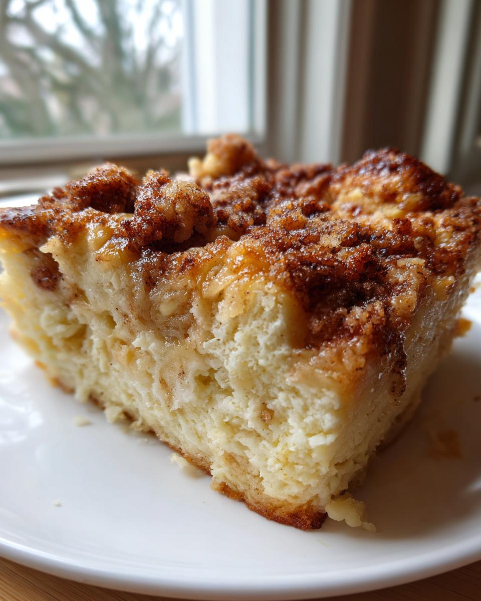 A close-up of a moist slice of baked french toast topped with rich cinnamon streusel, served on a white plate.