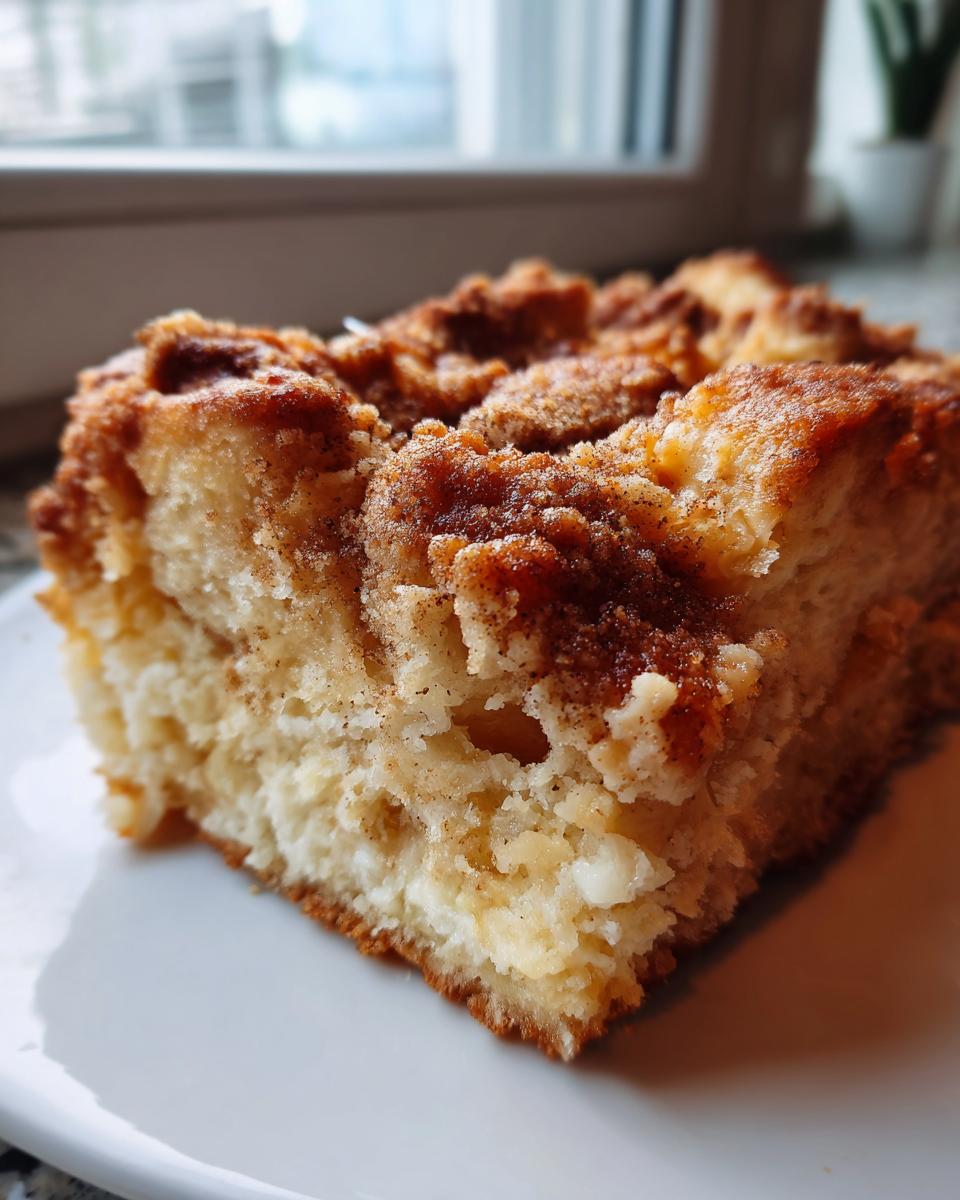 Close-up of a moist slice of baked french toast with a thick, sugary cinnamon streusel topping.