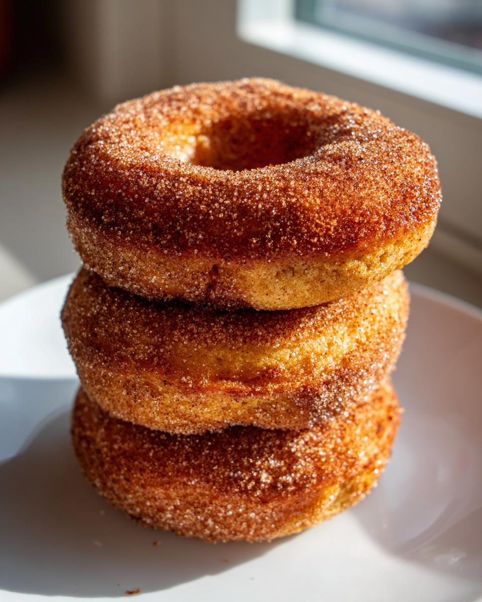 A close-up stack of three golden baked pumpkin donuts coated in cinnamon sugar.