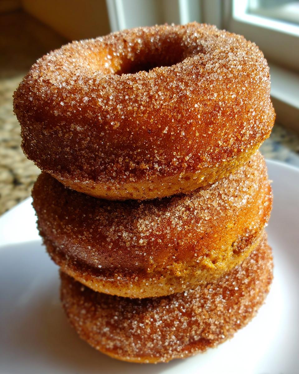A close-up stack of three moist baked pumpkin donuts coated in cinnamon sugar.