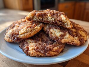 A stack of soft, chewy coffee cake cookies generously coated in cinnamon sugar topping.
