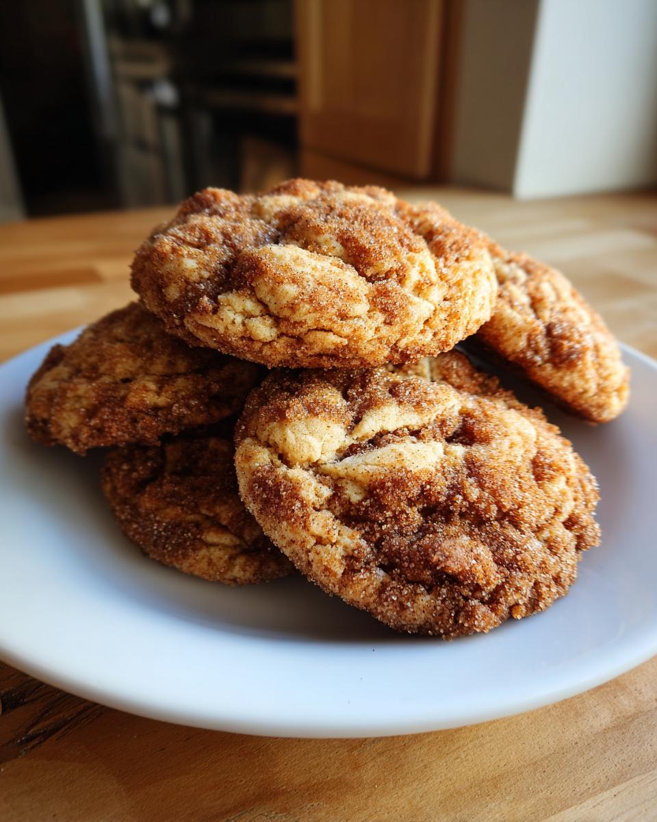 A stack of four soft, thick coffee cake cookies generously coated in cinnamon sugar, resting on a white plate.