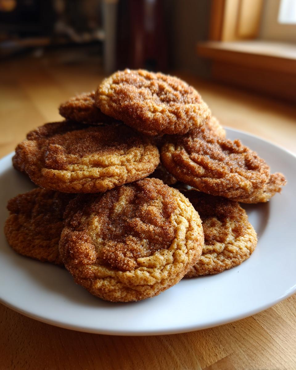 A close-up stack of freshly baked coffee cake cookies generously coated in cinnamon sugar.