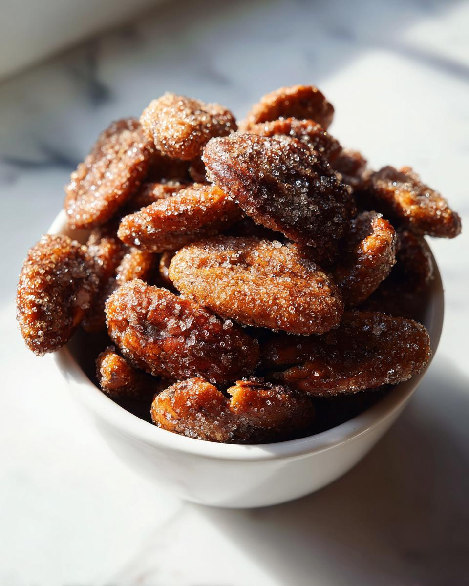 A white bowl overflowing with glistening cinnamon sugar pecans, coated heavily in sparkling sugar crystals.