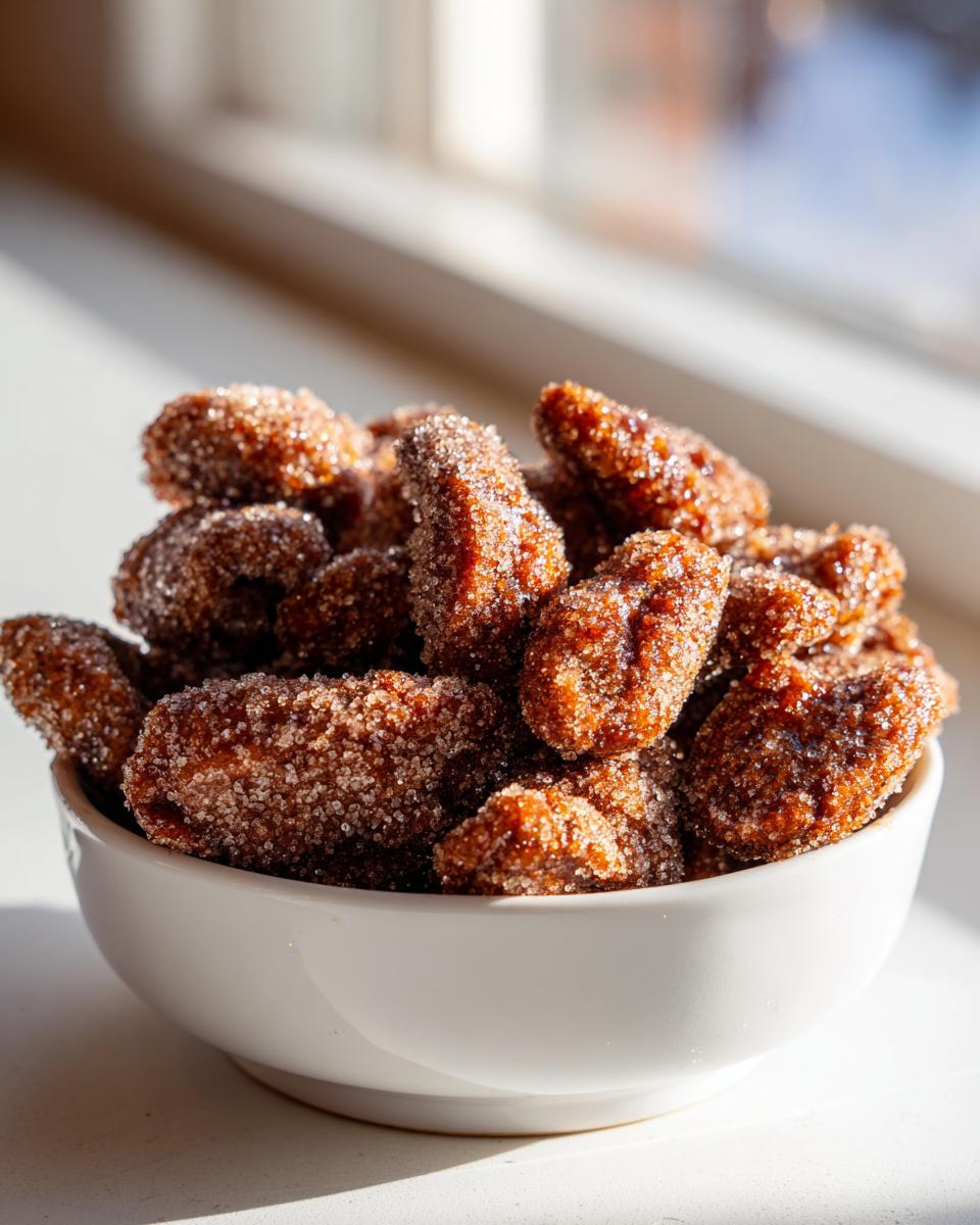 A white bowl filled with glistening, sugar-coated cinnamon sugar pecans sitting on a bright surface.