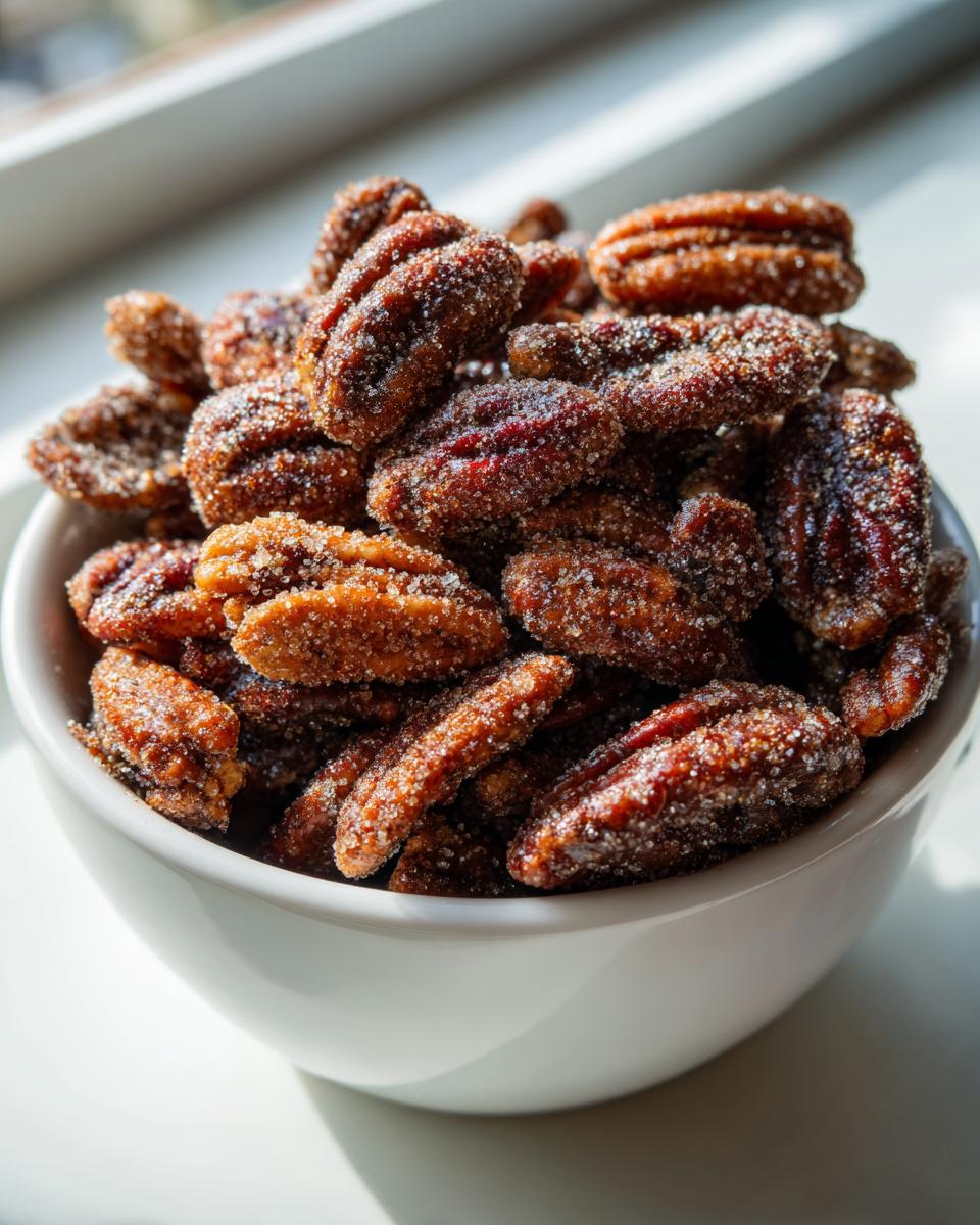 Close-up of a white bowl filled with glistening cinnamon sugar pecans, heavily coated in sugar crystals.