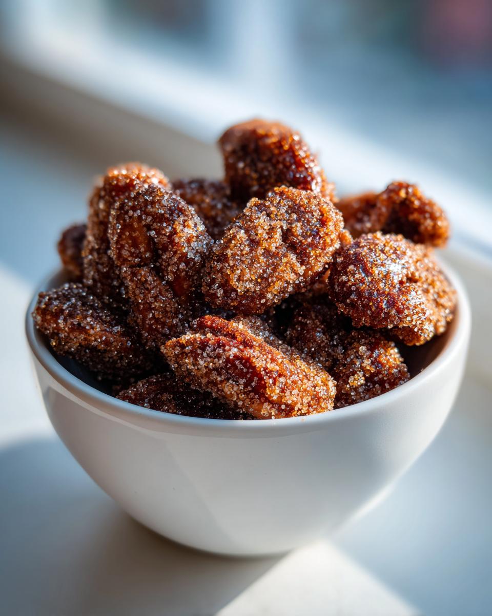 Close-up of candied cinnamon sugar pecans piled high in a small white bowl, sparkling in bright sunlight.