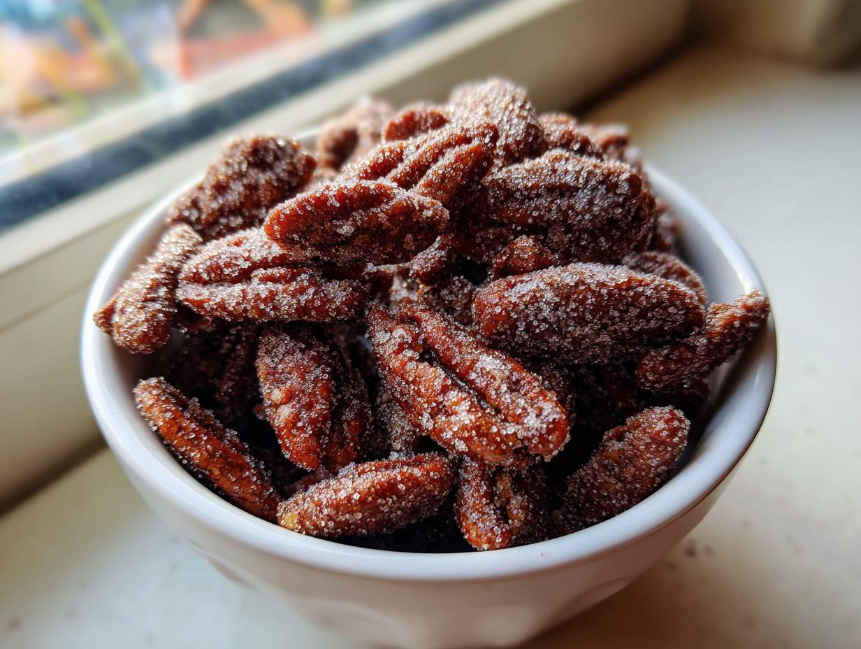 Close-up of a white bowl filled with glistening cinnamon sugar pecans, coated heavily in sparkling sugar crystals.