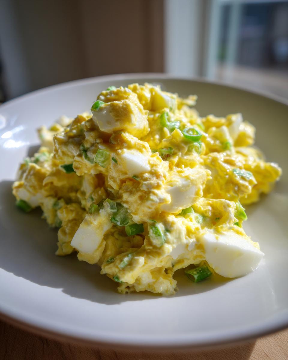 A close-up, brightly lit serving of creamy egg salad recipe mixed with chopped green onions on a white plate.